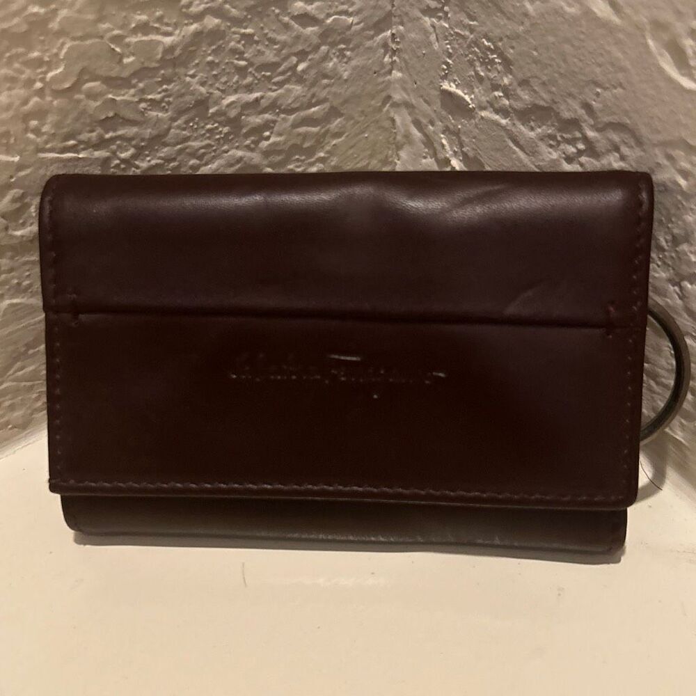 Salvatore Ferragamo Trifold Key Case Card Holder Wallet Chocolate Brown Leather